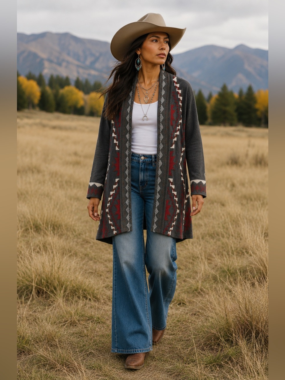 Johnny Was Embroidered Southwestern Long Open Cardigan Gray Red S Small - Picture 8 of 8